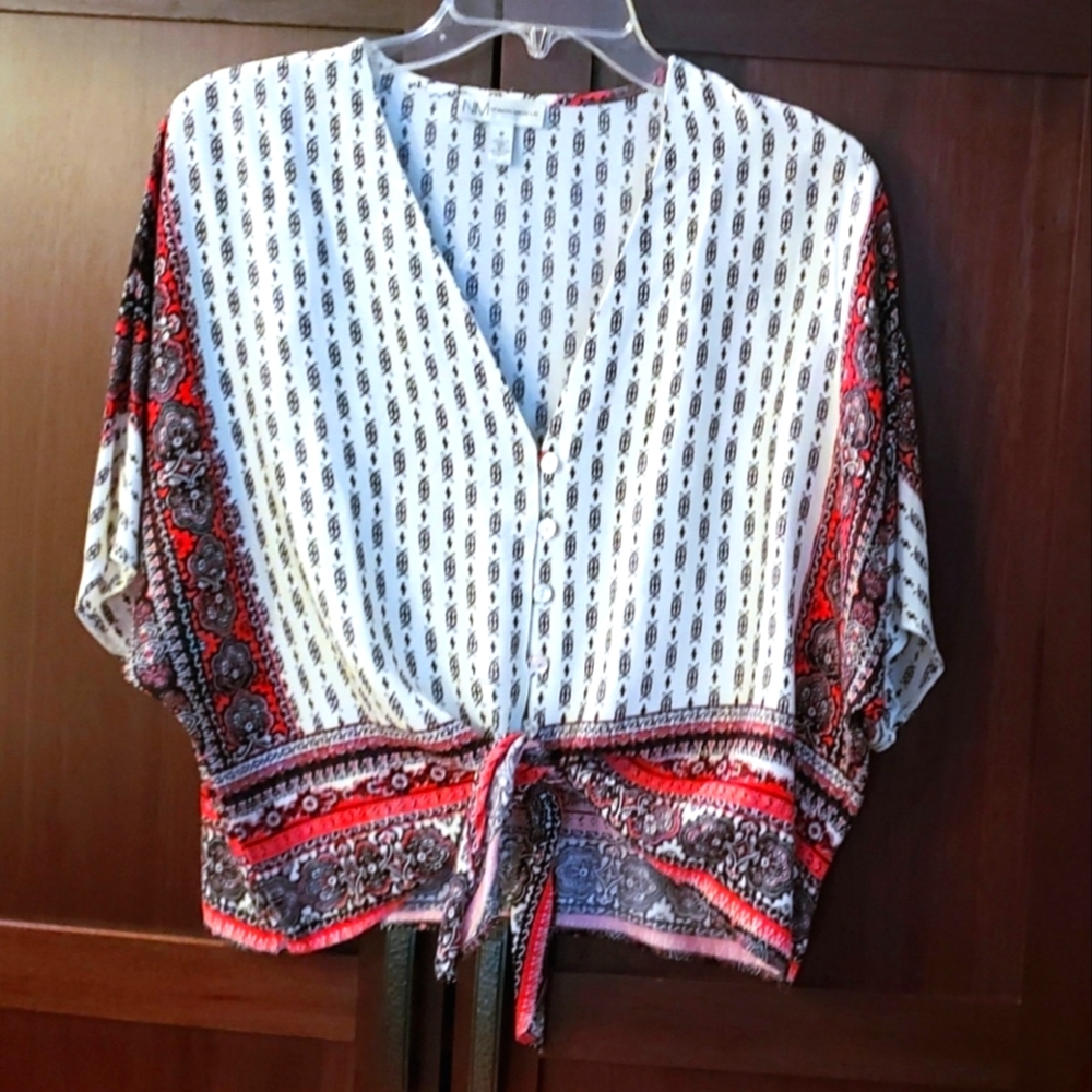 *LN Tie Front Lightweight Business Casual Top Neiman Marcus Med 100% Rayon